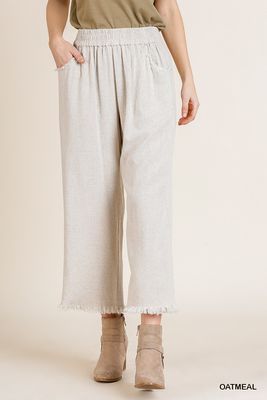Oatmeal Pull On Washable Linen Blend Frayed Pant