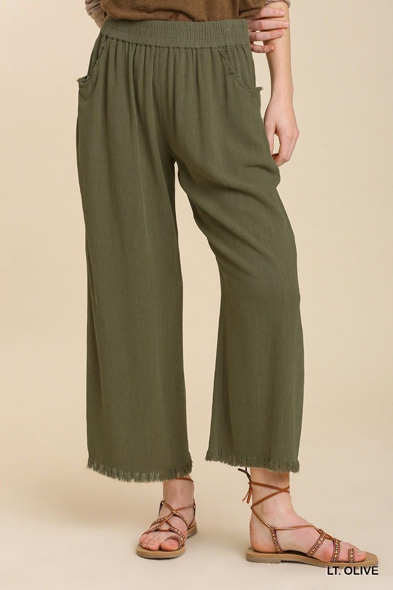 Olive Pull On Washable Linen Blend Frayed Pant