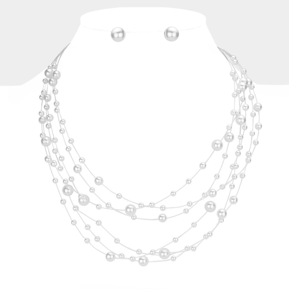 White Faux Pearl Illusion Necklace Set