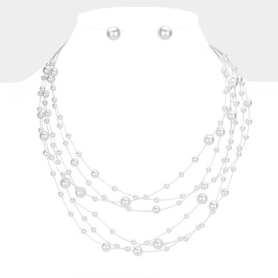 White Faux Pearl Illusion Necklace Set