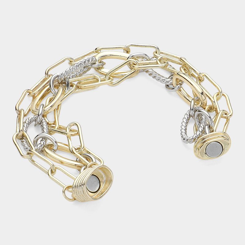 14K Gold Plated Two tone Paperclip Chain Layered Magnetic Bracelet