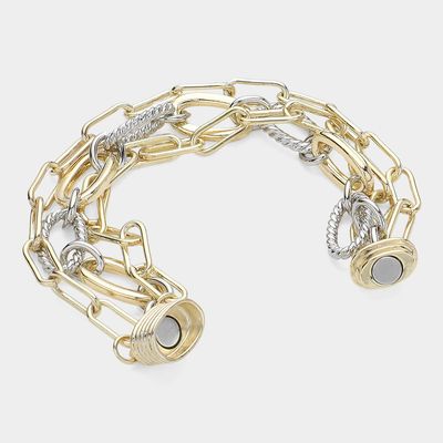 14K Gold Plated Two tone Paperclip Chain Layered Magnetic Bracelet