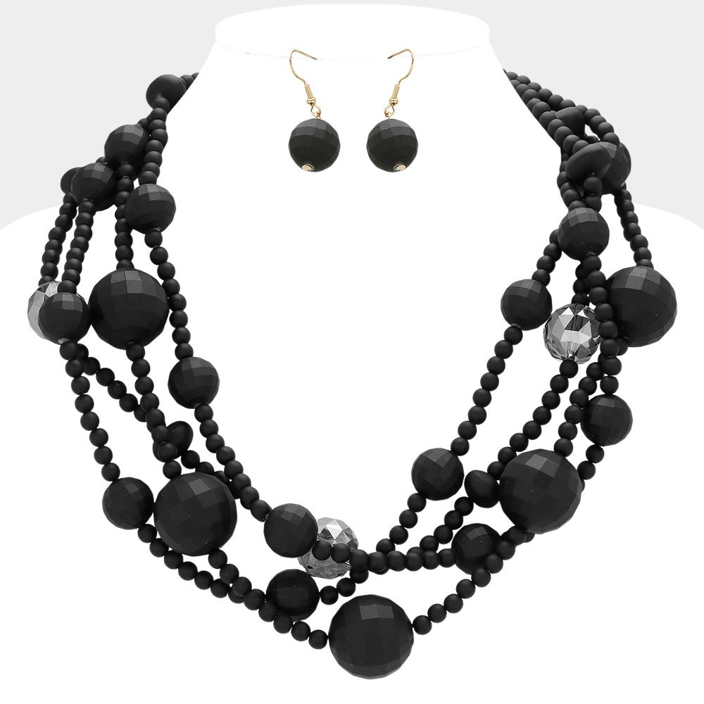 Matte Faceted Ball Beaded Multi Layered Statement Necklace
