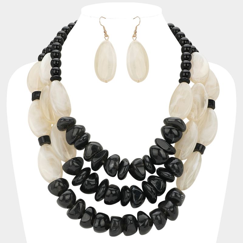 Chunky Celluloid Acetate Pebble Beaded Triple Layered Statement Necklace