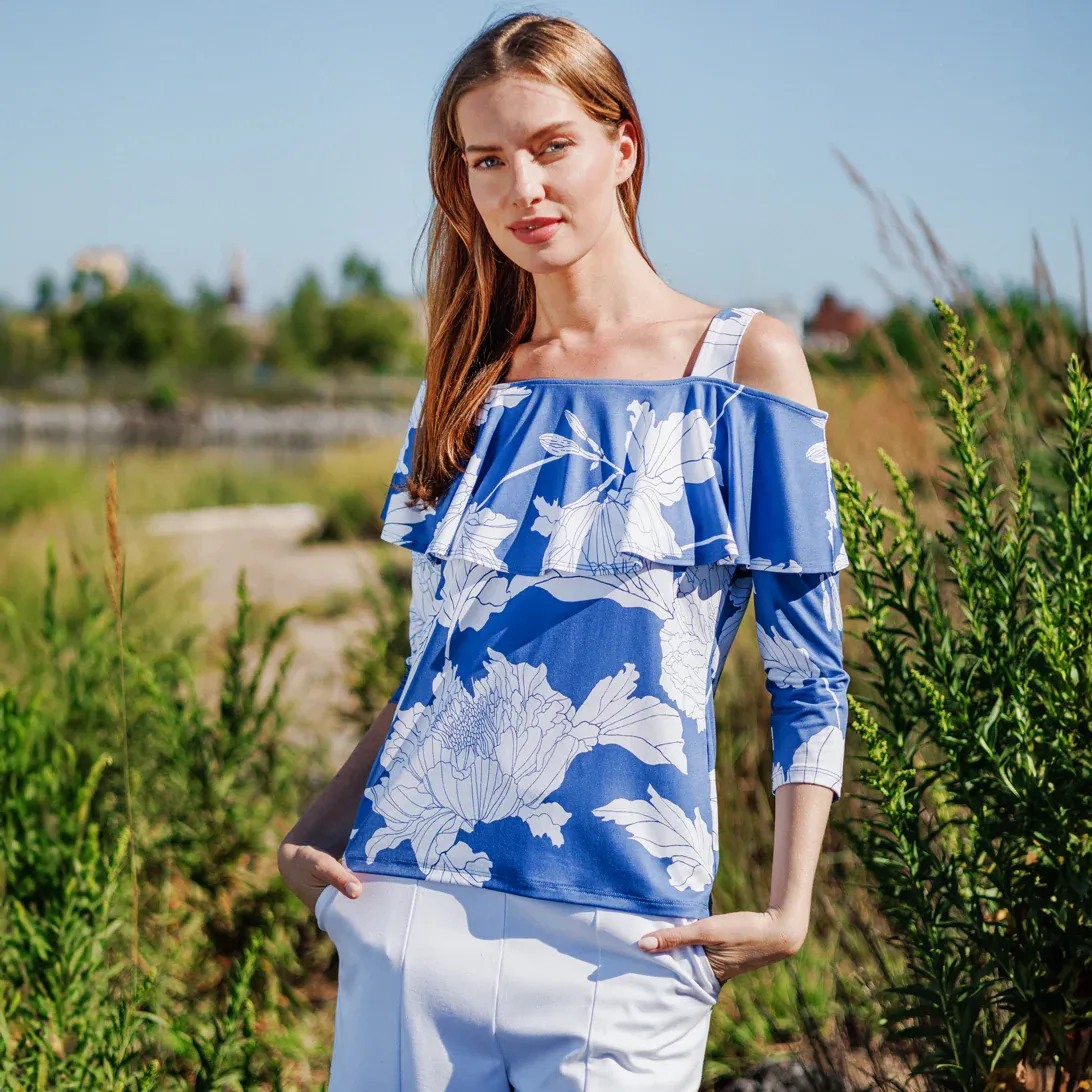 Mum Sketch Butter Knit Open Shoulder Ruffle Top
