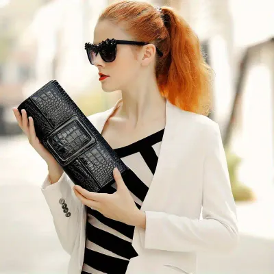 The Perfect Vegan Black Alligator Buckle Front Clutch