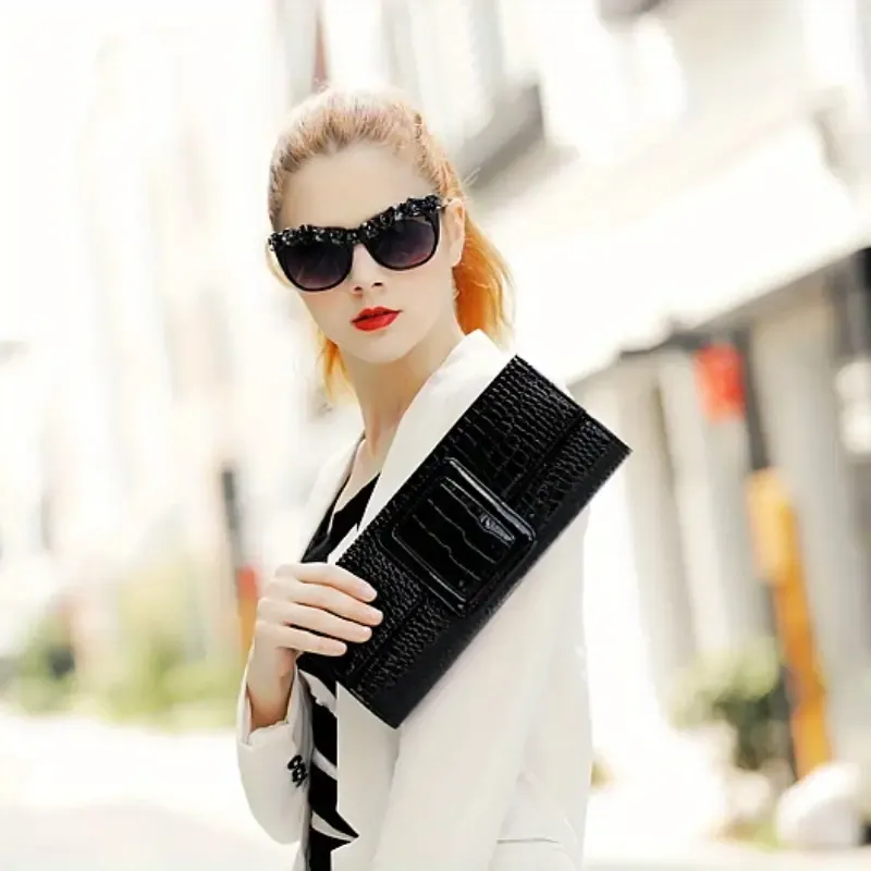 The Perfect Vegan Black Alligator Buckle Front Clutch