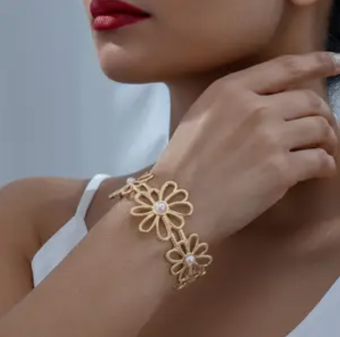 Gold Hollow Flower Design Open Cuff Bracelet Pearl Center