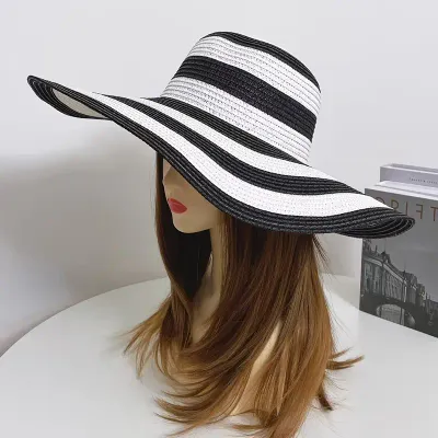 Black &amp; White Striped Wide Brim Straw Hat