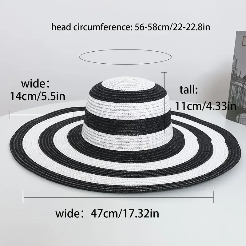 Black &amp; White Striped Wide Brim Straw Hat