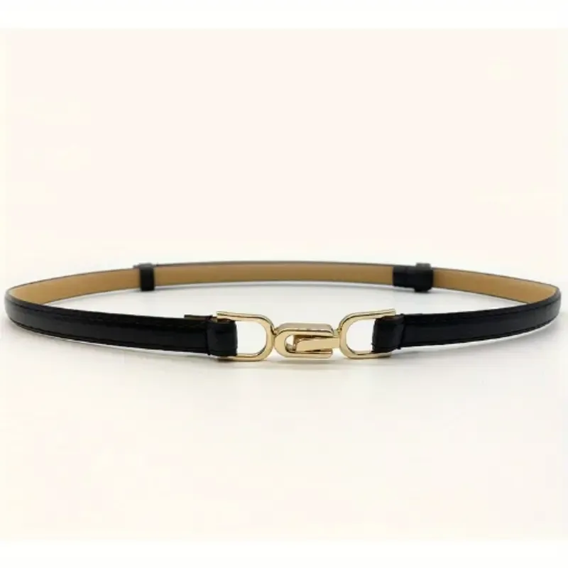 Vegan Leather Adjustable Gold Buckle Thin Belt