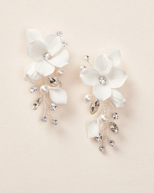 Romantic Hand-Wired Floral/Pearl/Crystal Spray Earring