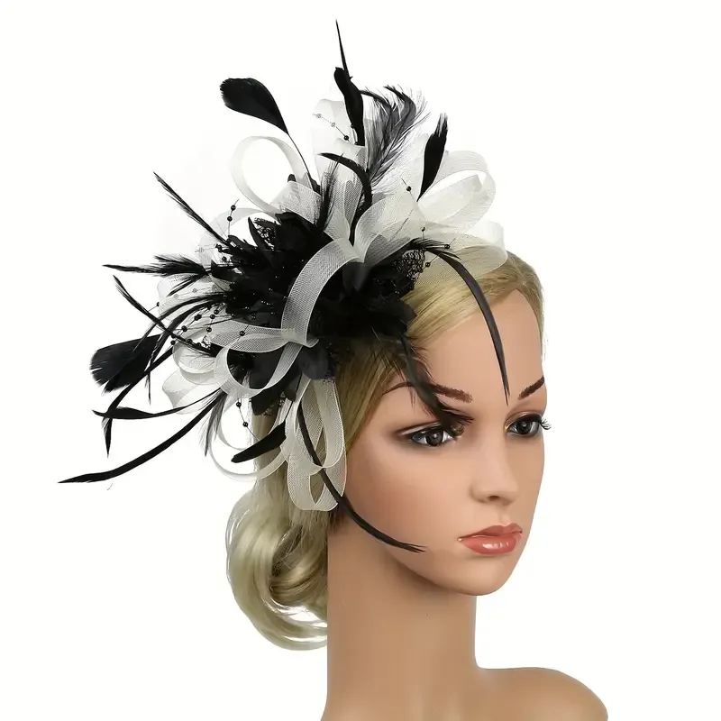 Mesh Flower Feather Fascinator Headband With Clip 