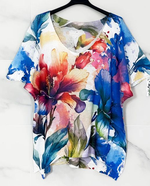 Italian Purple Floral V-Neck Knit Printed Short Sleeves Sweater