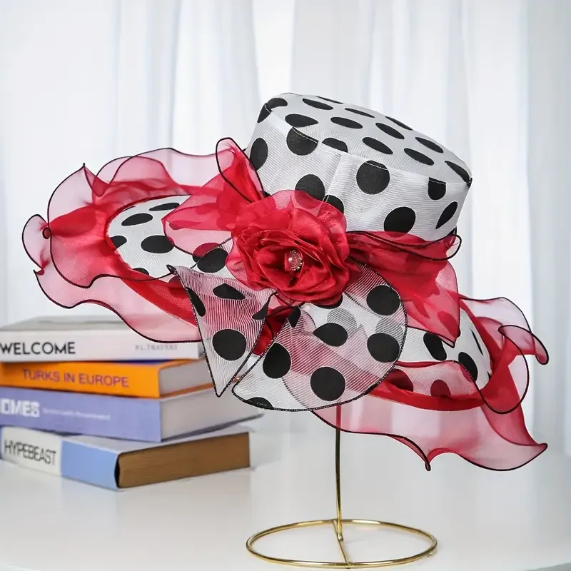 Polka Dot Organza Rose Accent Dressy Hat
