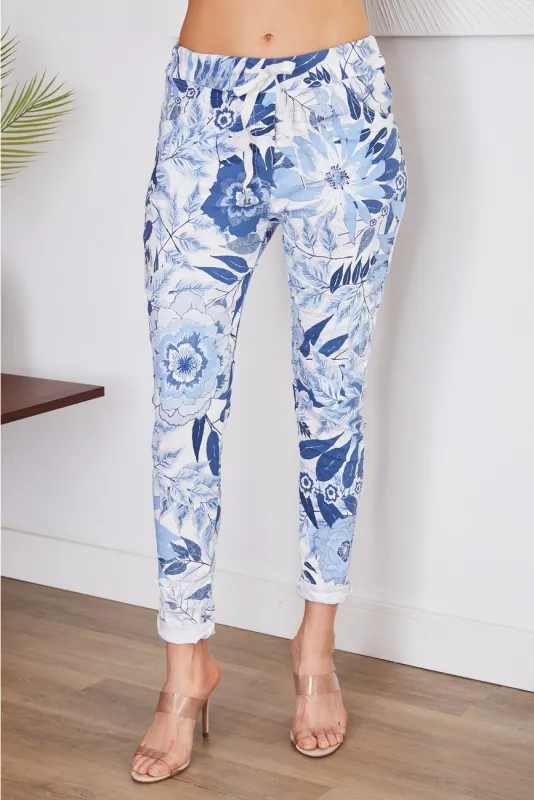 Italian Blue Tropical Print Crinkle Joggers