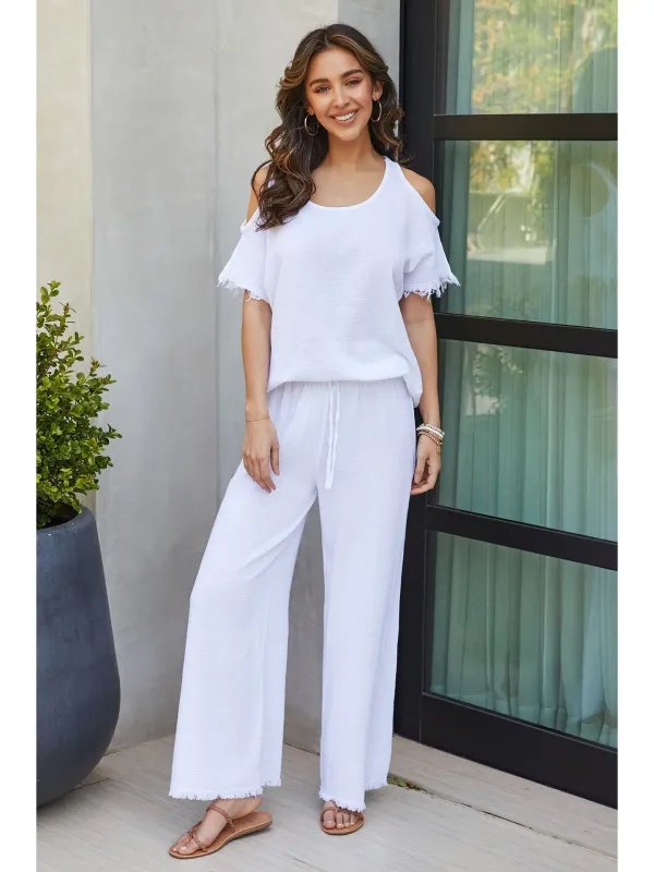 White Italian Fringed Hem Cotton Linen Gauze Top