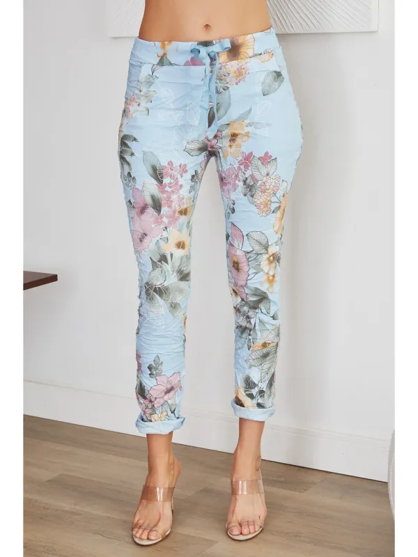 Italian Blue Garden Floral Print Crinkle Joggers