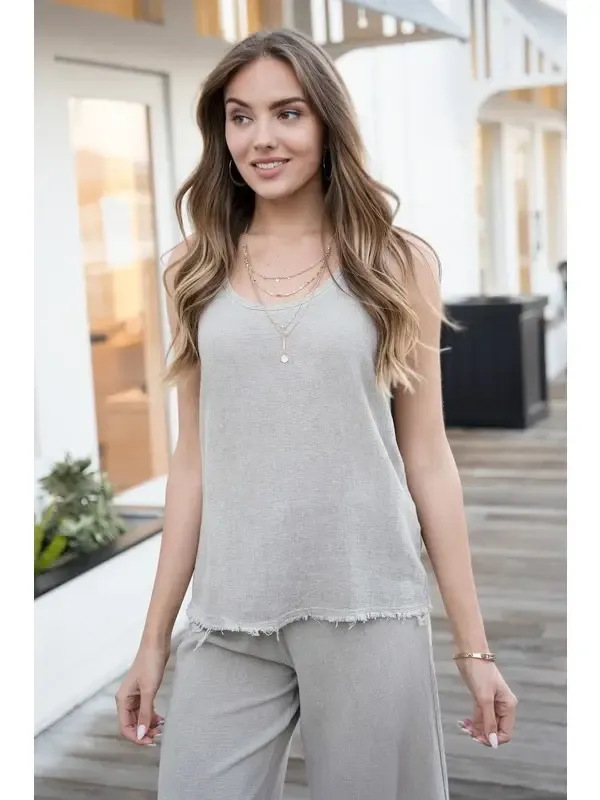 Army Green Rugged Hem Cotton Linen Gauze Tank Top