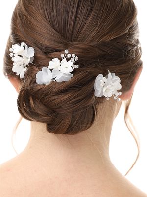 Bridal Hair Stick with Ivory Resin Flowers, Ivory Pearls and Fabric Leaves