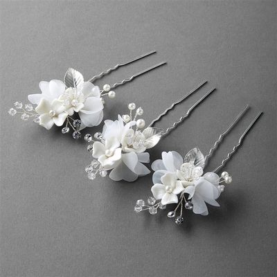 Bridal Hair Stick with Ivory Resin Flowers, Ivory Pearls and Fabric Leaves