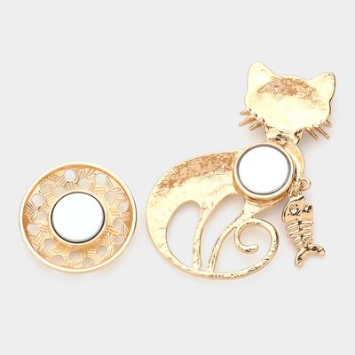 Flower Fishbone Pointed Colored Metal Cat Magnetic Brooch