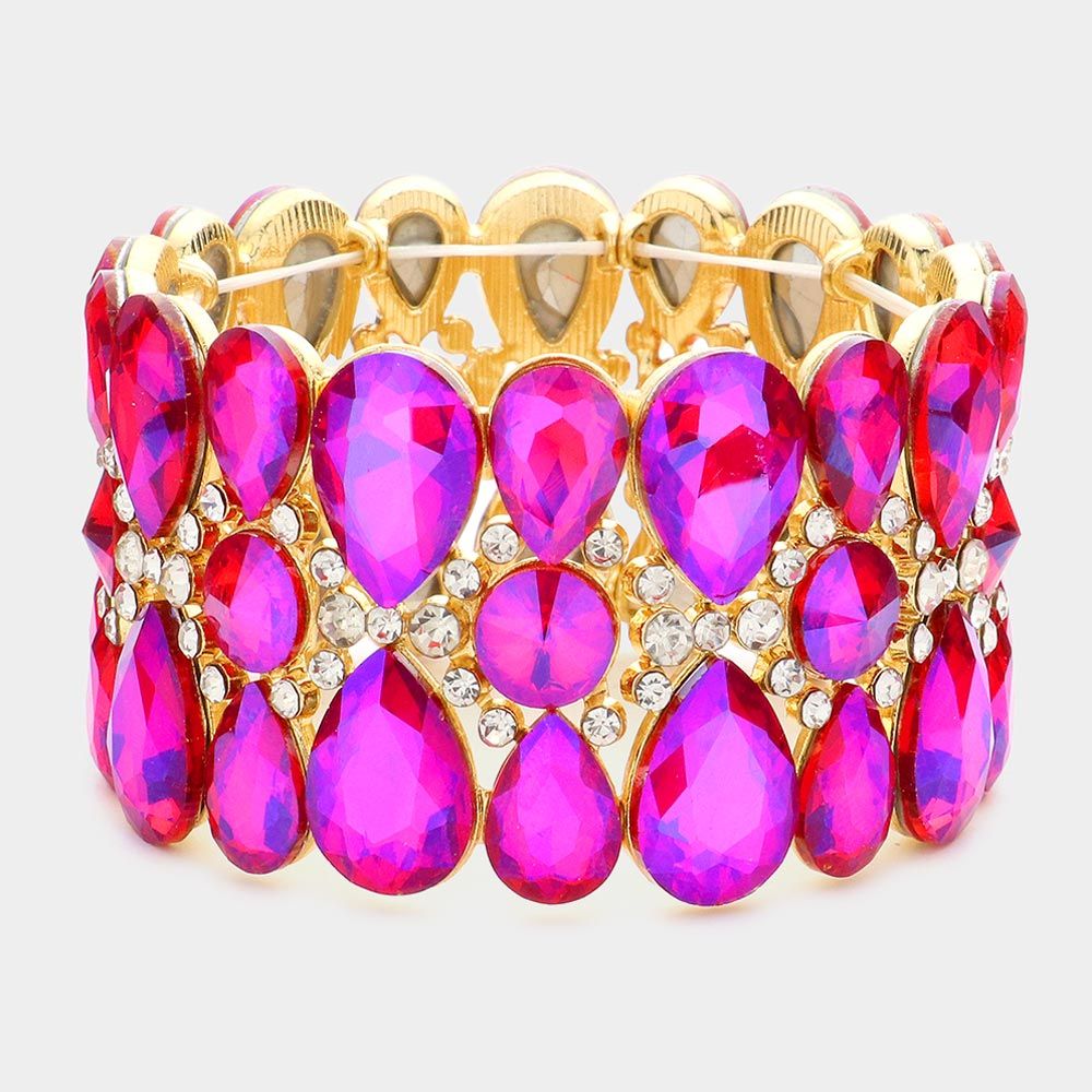 Purple AB Pear Crystal Floral Rhinestone Stretch Evening Bracelet