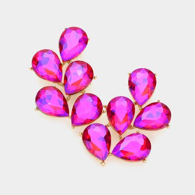 Purple AB Teardrop Stone Cluster Evening Earrings