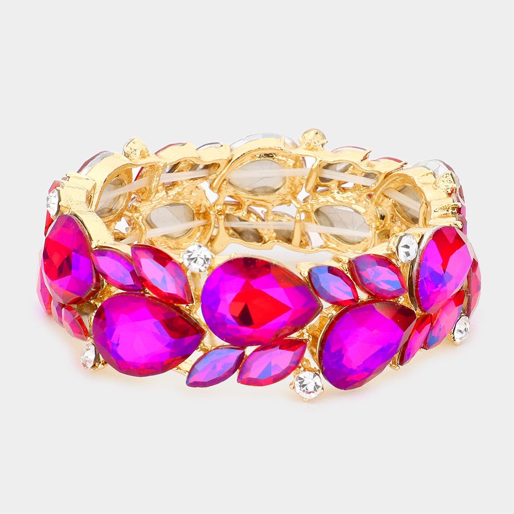 Purple AB Teardrop Marquise Stone Cluster Stretch Evening Bracelet