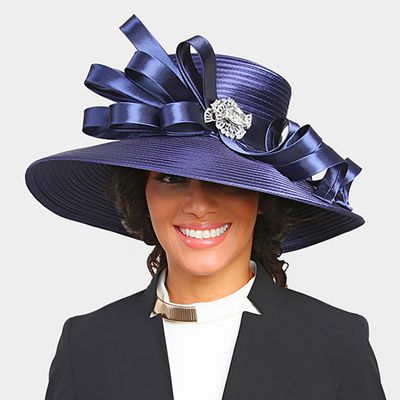 Large Navy Satin Braid Hat with Stoned Bow
