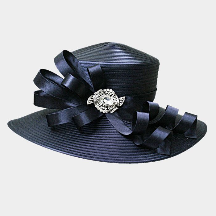 Large Navy Satin Braid Hat with Stoned Bow
