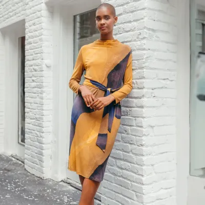 Tan Watercolor Tie Waist Pocket Midi Dress