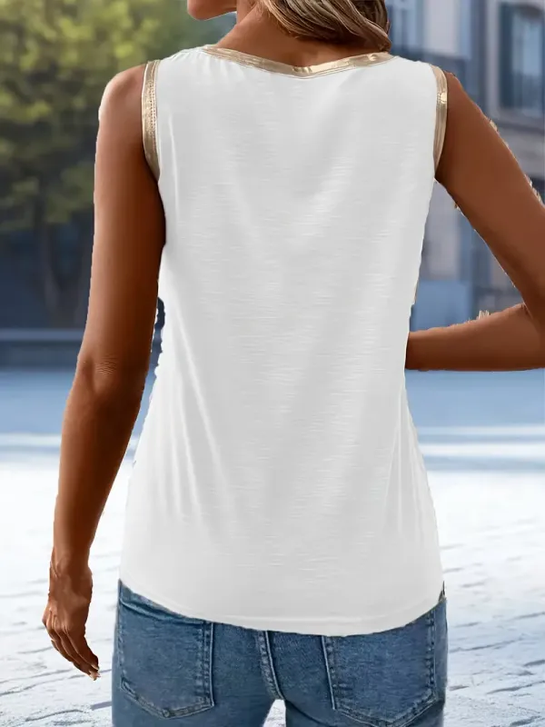 Soft White Sleeveless Tee/ Rose Gold Metallic Trim