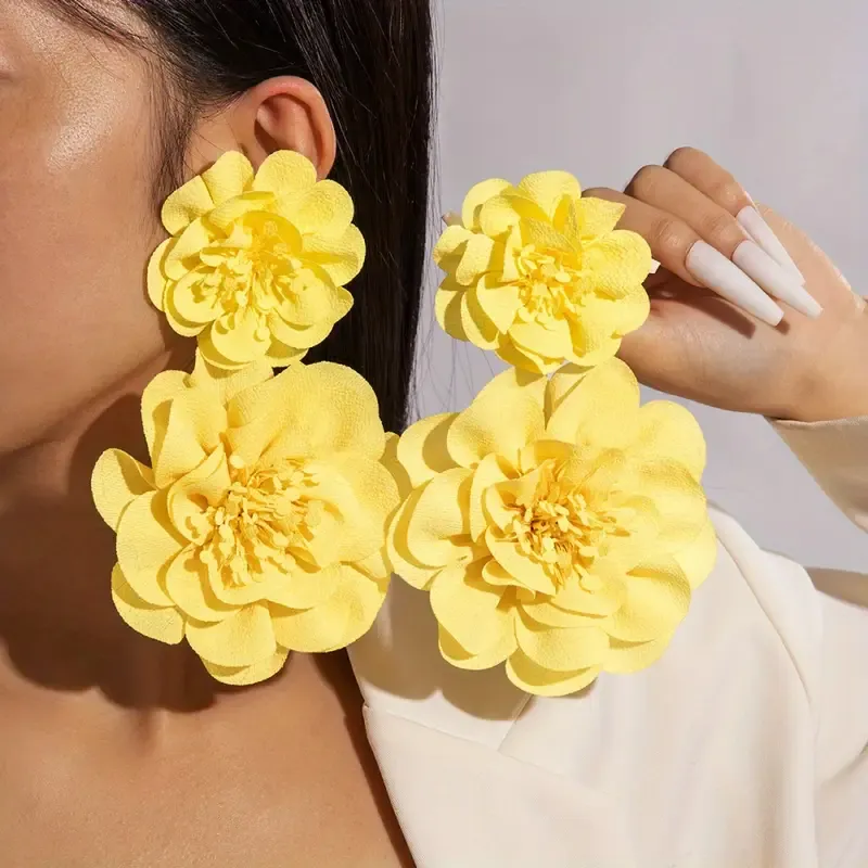 Bright Yellow XLarge Fabric Flower Earrings