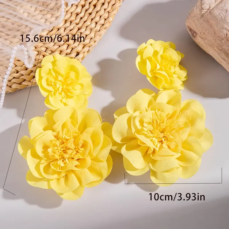 Bright Yellow XLarge Fabric Flower Earrings