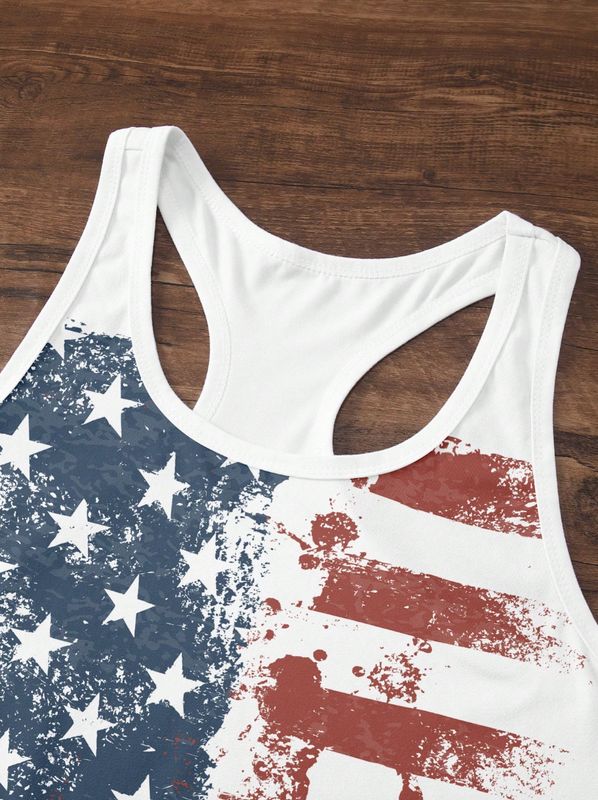 White Distressed Print American Flag Tank