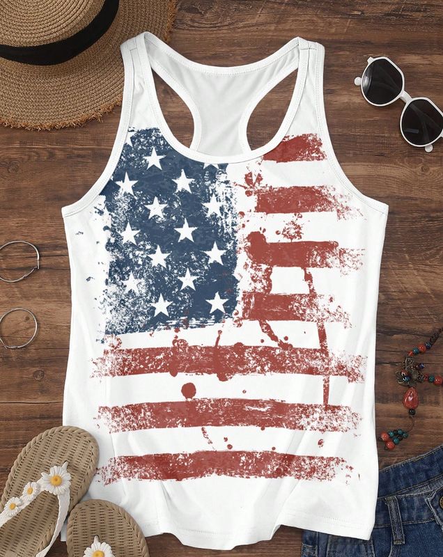 White Distressed Print American Flag Tank