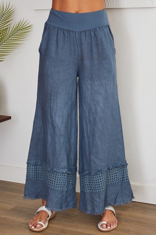 Slate Blue Fringe Hem Eyelet  Wide Leg Linen Pants