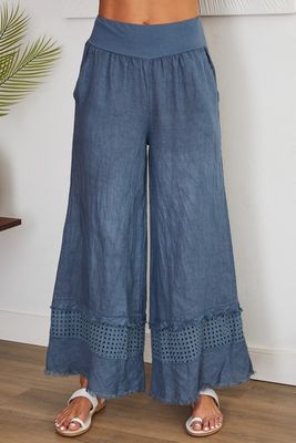 Slate Blue Fringe Hem Eyelet Wide Leg Linen Pants