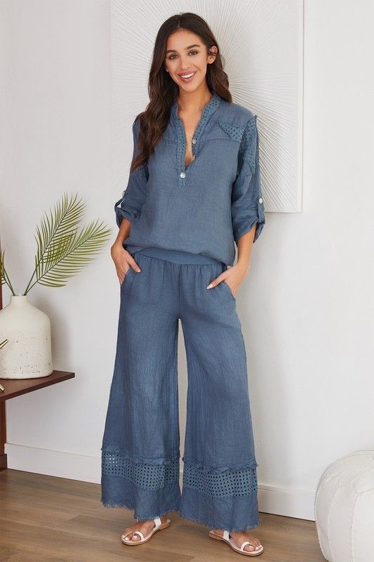 Slate Blue Fringe Hem Eyelet  Wide Leg Linen Pants