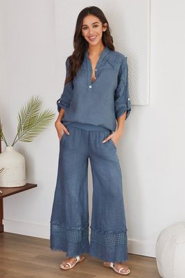 Slate Blue Fringe Hem Eyelet  Wide Leg Linen Pants