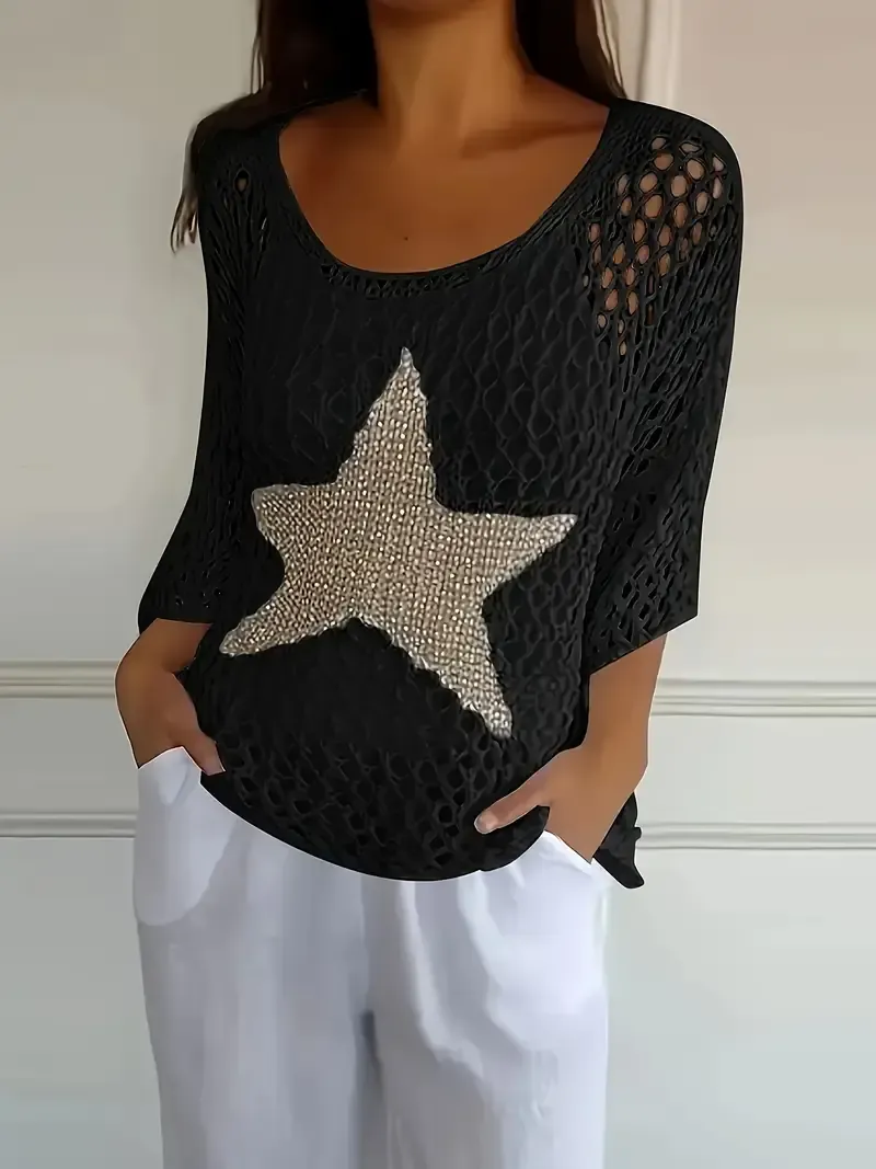 Black Open Crochet 3/4 Sleeve Gold Star Top