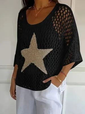 Black Open Crochet 3/4 Sleeve Gold Star Top