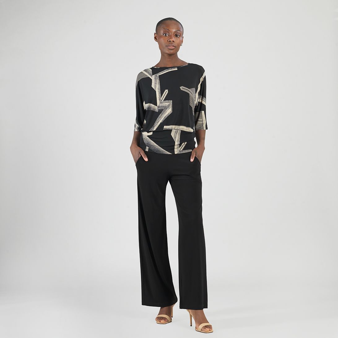 Linear Geo Print Soft Knit Top/Banded Hem