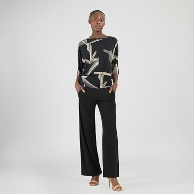 Linear Geo Print Soft Knit Top/Banded Hem