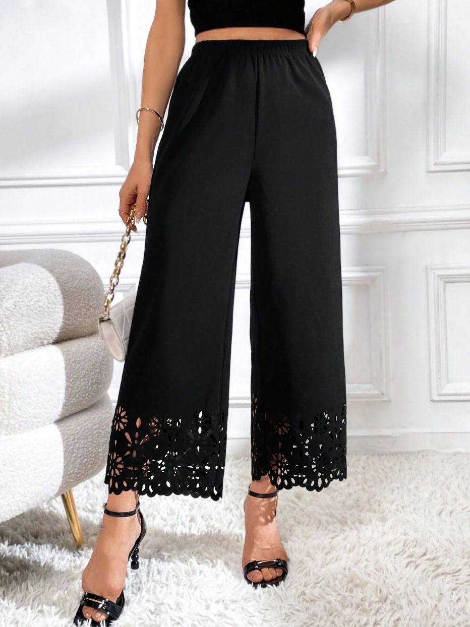 Black Laser Cut Out Bottom Wide Leg Crop Pant
