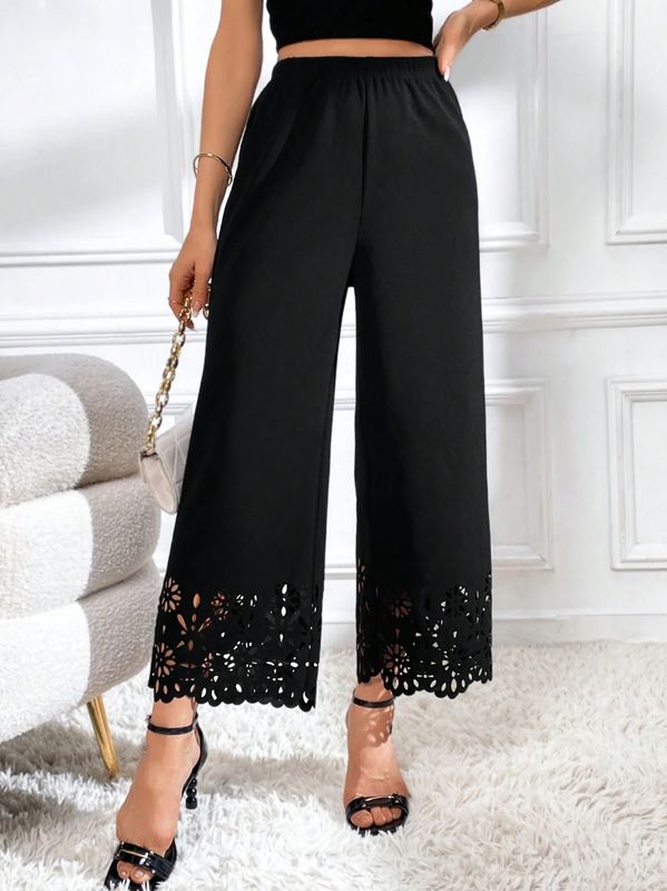 Black Laser Cut Out Bottom Wide Leg Crop Pant