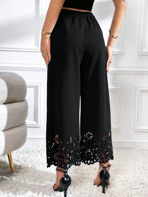 Black Laser Cut Out Bottom Wide Leg Crop Pant