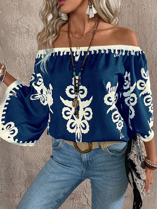 Blue/White Off The Shoulder Casual Top