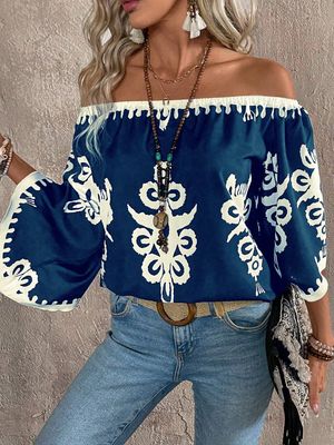 Blue/White Off The Shoulder Casual Top